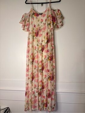 Highline collective Floral Cold-Shoulder Maxi Dress in Cream and Pink